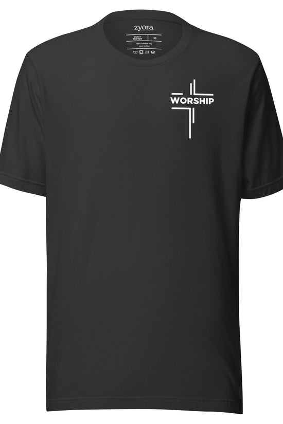 “Worship written vertically in cross form” Christian graphic tee with John 4:23‑24 scripture design. Faith‑based gift, unisex fit, inspirational Christian apparel by Zyora.