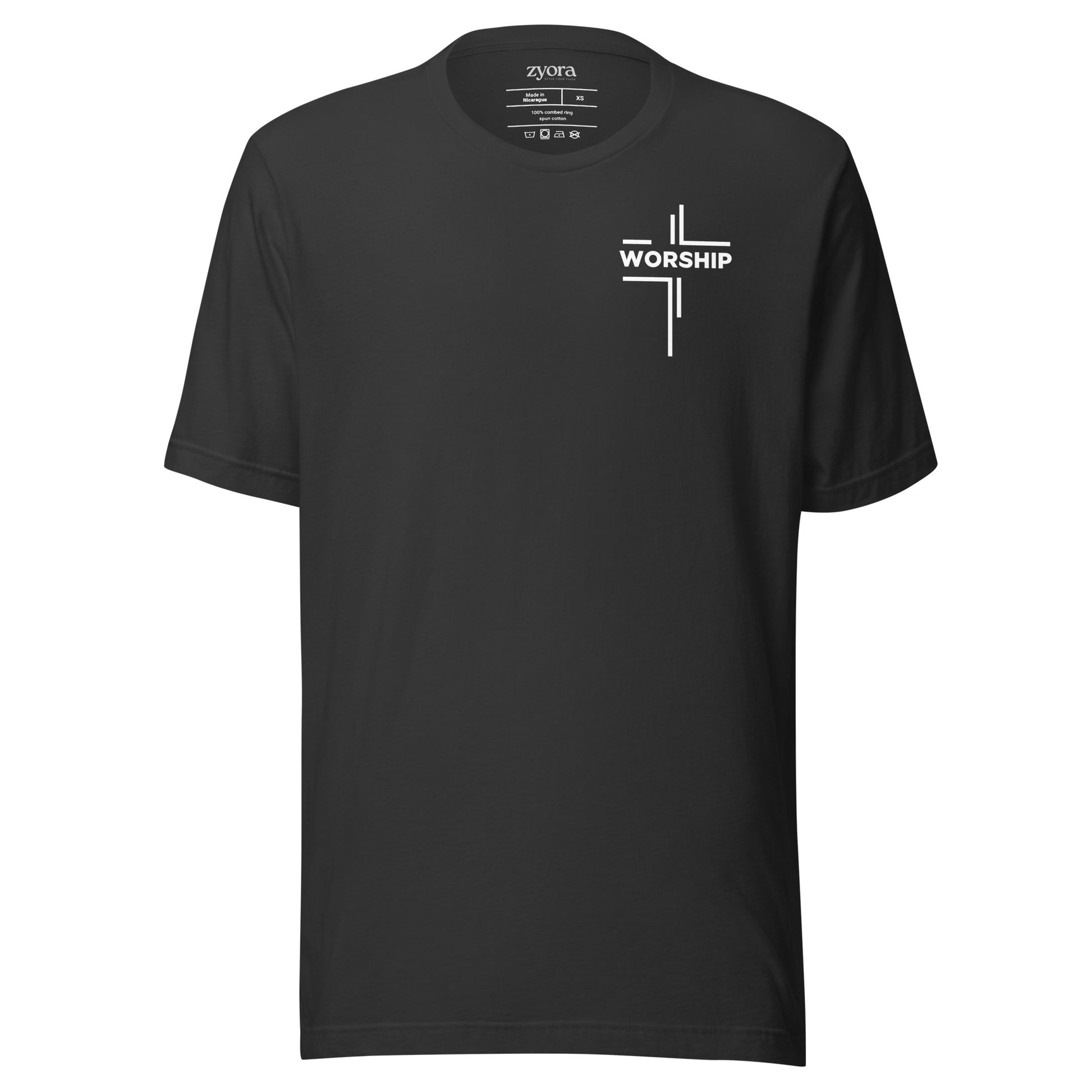 “Worship written vertically in cross form” Christian graphic tee with John 4:23‑24 scripture design. Faith‑based gift, unisex fit, inspirational Christian apparel by Zyora.