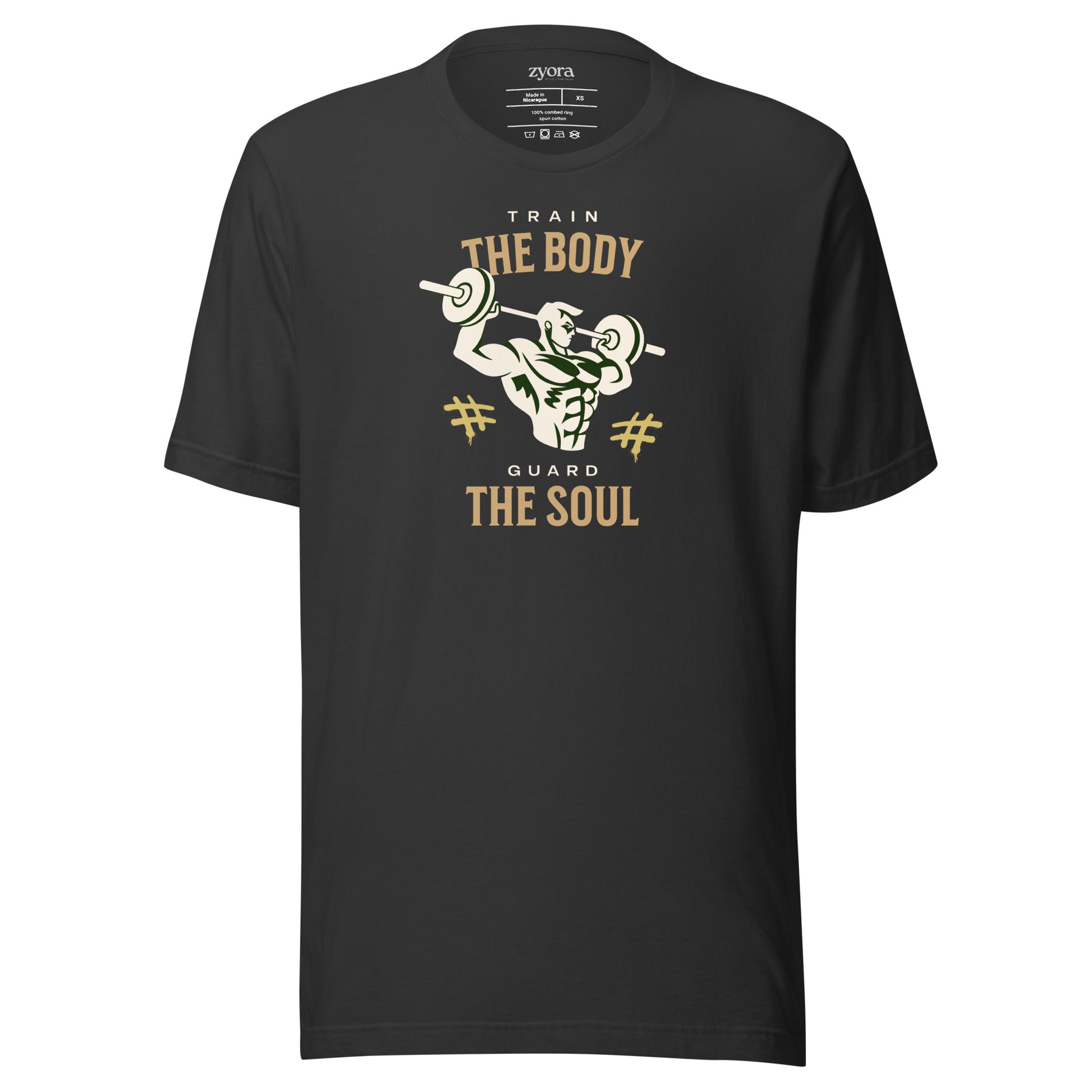 Unisex premium Dark Grey Christian tee with “Train Your Body Guard Your Soul” design – faith-based fashion and gift by Zyora Apparel.