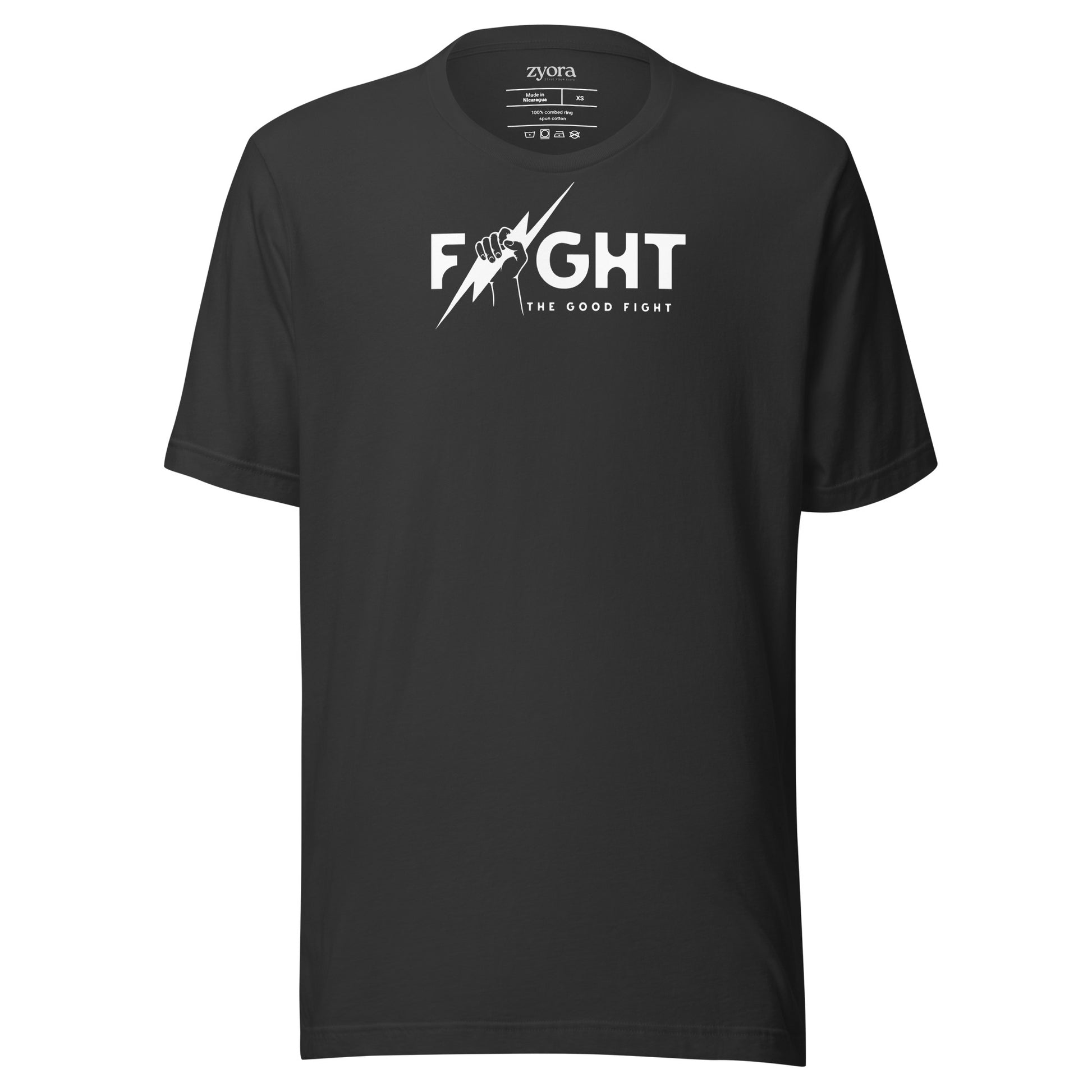 "Fight the Good Fight" Christian Dark Grey  graphic tee with 1 Timothy 6:12 scripture design. Faith-based apparel, bold Christian gift, unisex lifestyle shirt.