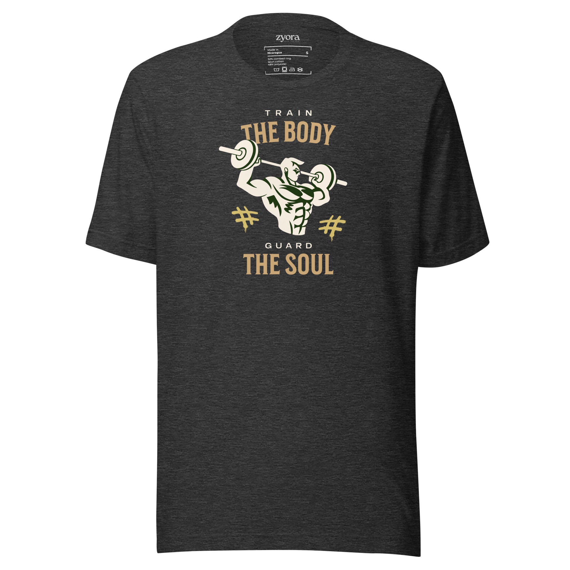 Unisex premium Heather Dark Grey Christian tee with “Train Your Body Guard Your Soul” design – faith-based fashion and gift by Zyora Apparel.