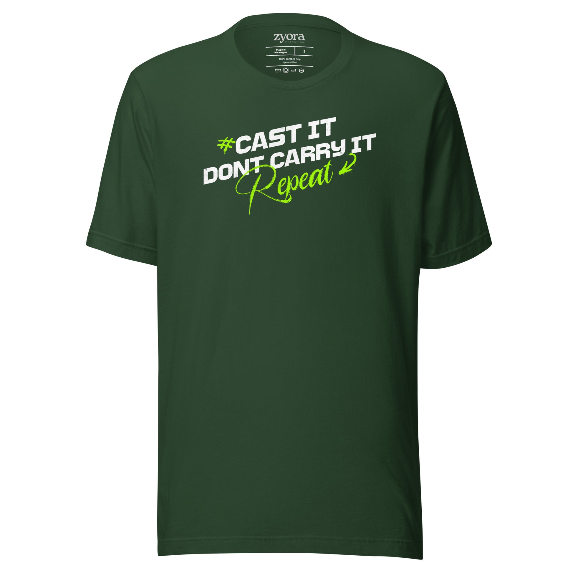Cast It Don’t Carry It Christian t-shirt with 1 Peter 5:7 scripture design, unisex fit