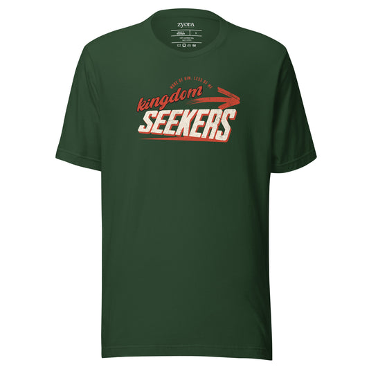 Kingdom Seekers Christian t-shirt with More of Him Less of Me text, inspired by Matthew 6:33 and John 3:30