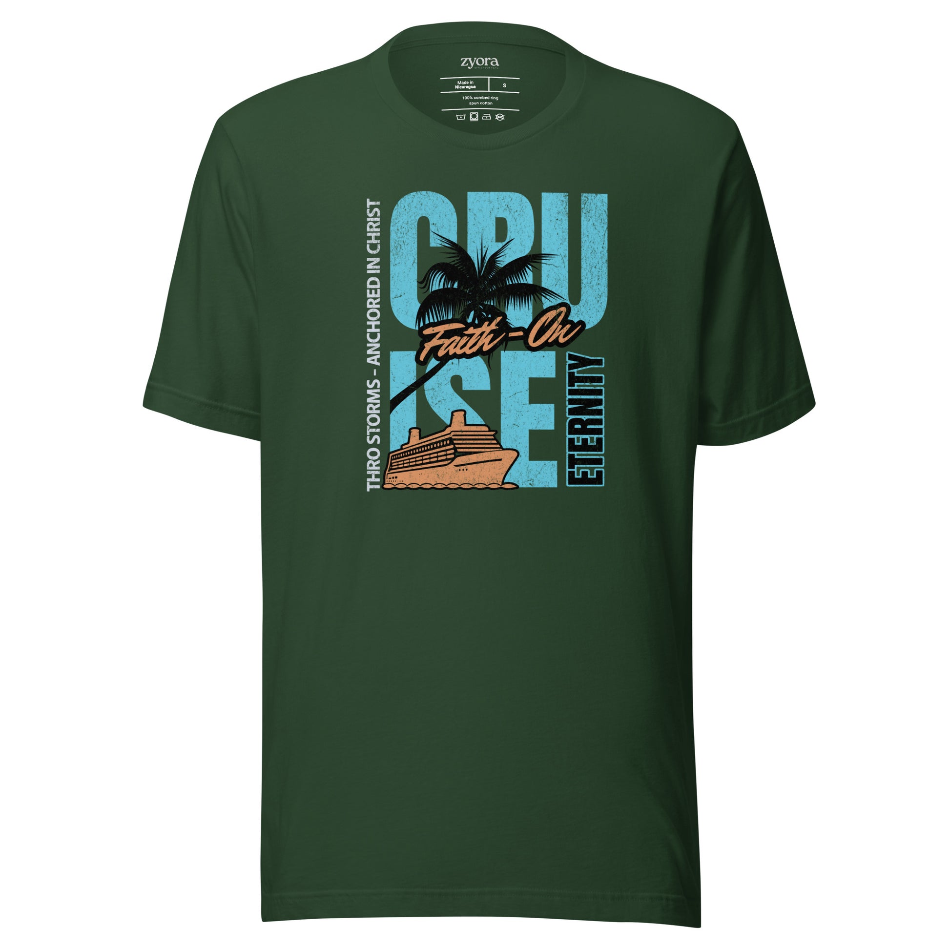 “Premium Anchored in Christ Christian graphic tee in forest– Cruise Through Storms Eternity Design – Zyora Apparel”