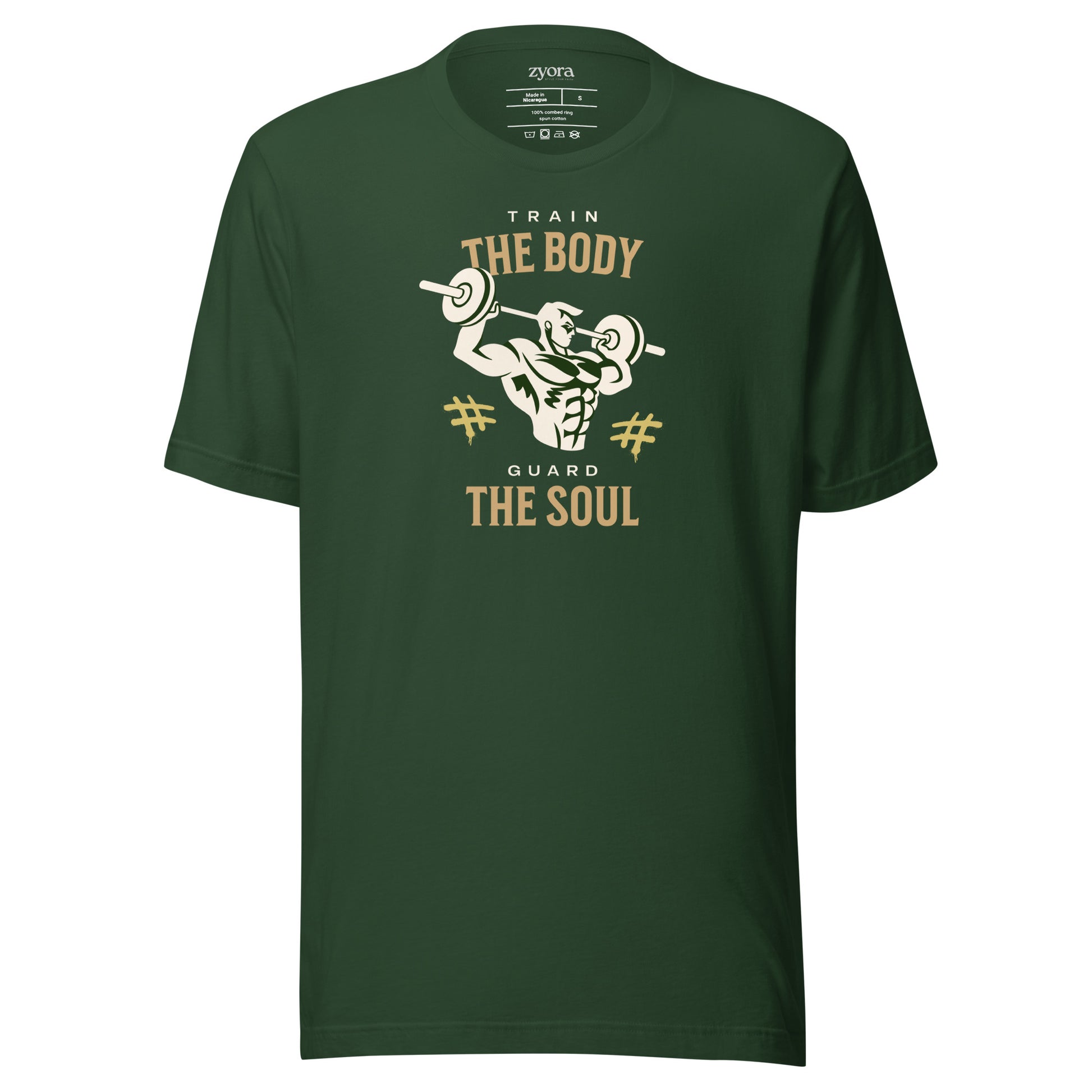 Unisex premium Forest Christian tee with “Train Your Body Guard Your Soul” design – faith-based fashion and gift by Zyora Apparel.