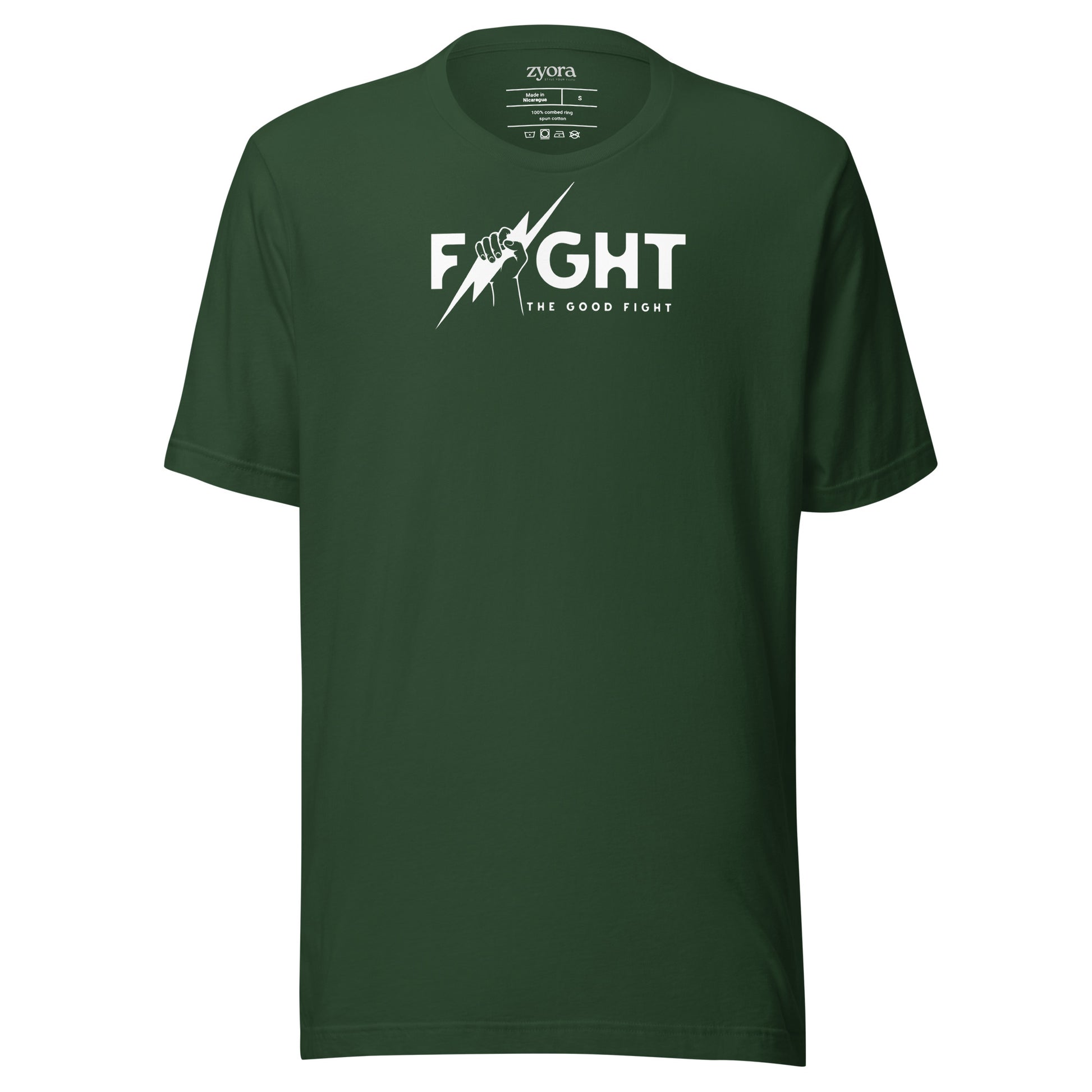 "Fight the Good Fight" Christian Forest graphic tee with 1 Timothy 6:12 scripture design. Faith-based apparel, bold Christian gift, unisex lifestyle shirt.