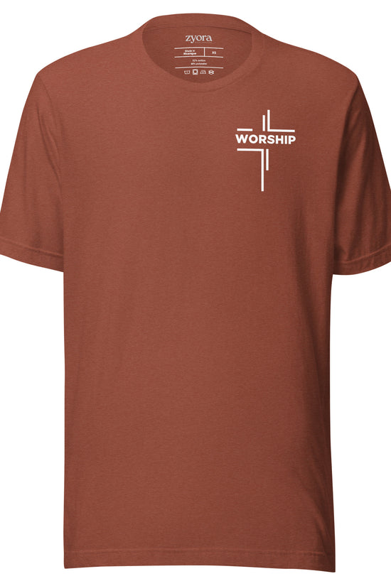 “Worship written vertically in cross form” Christian graphic tee with John 4:23‑24 scripture design. Faith‑based gift, unisex fit, inspirational Christian apparel by Zyora.