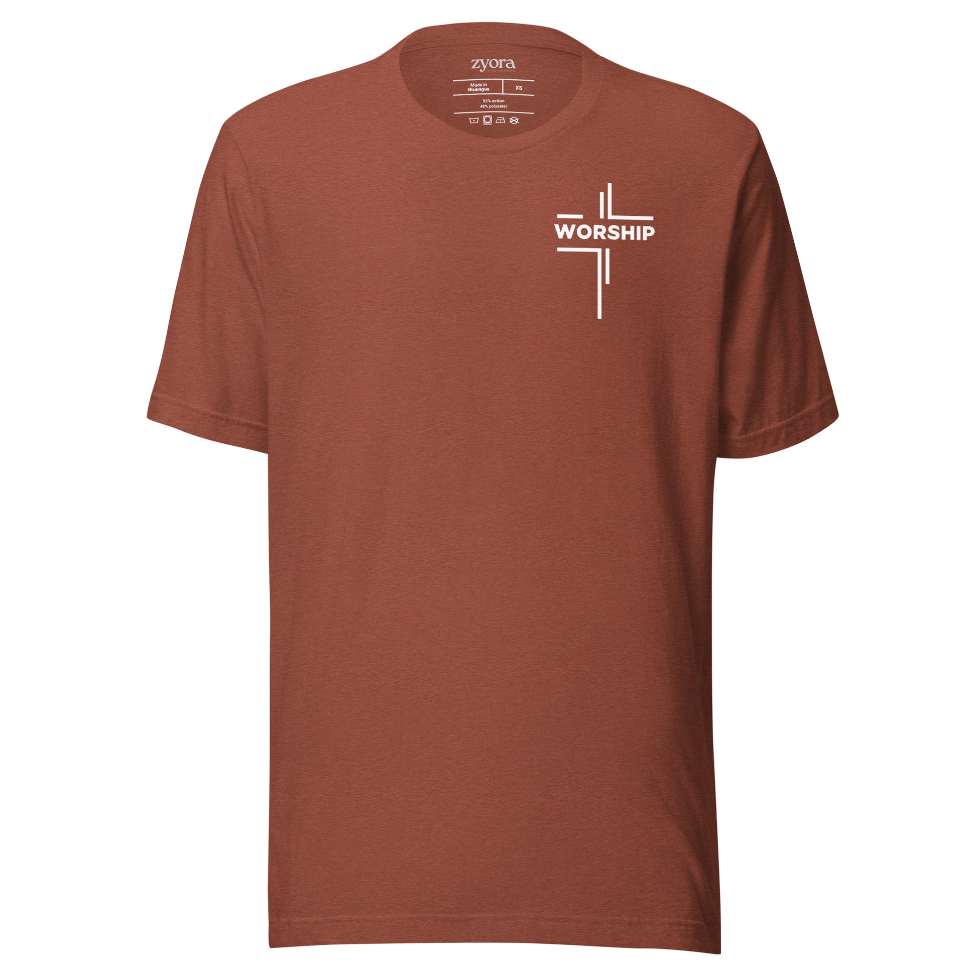 “Worship written vertically in cross form” Christian graphic tee with John 4:23‑24 scripture design. Faith‑based gift, unisex fit, inspirational Christian apparel by Zyora.
