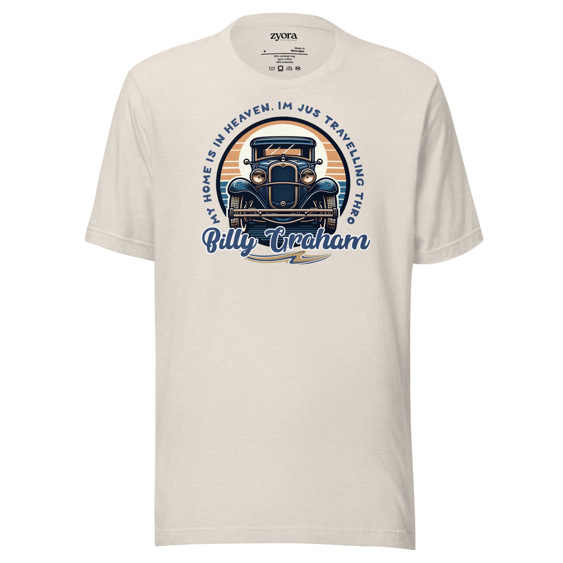 Regular missionary Heather dust Christian tee with Billy Graham quote “My Home is in Heaven, I’m Just Travelling Through” – Zyora Apparel.