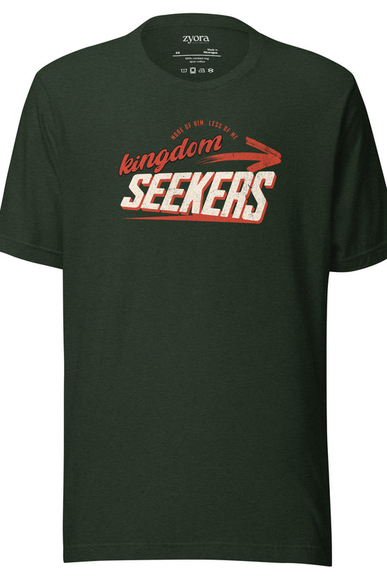 Kingdom Seekers Christian t-shirt with More of Him Less of Me text, inspired by Matthew 6:33 and John 3:30