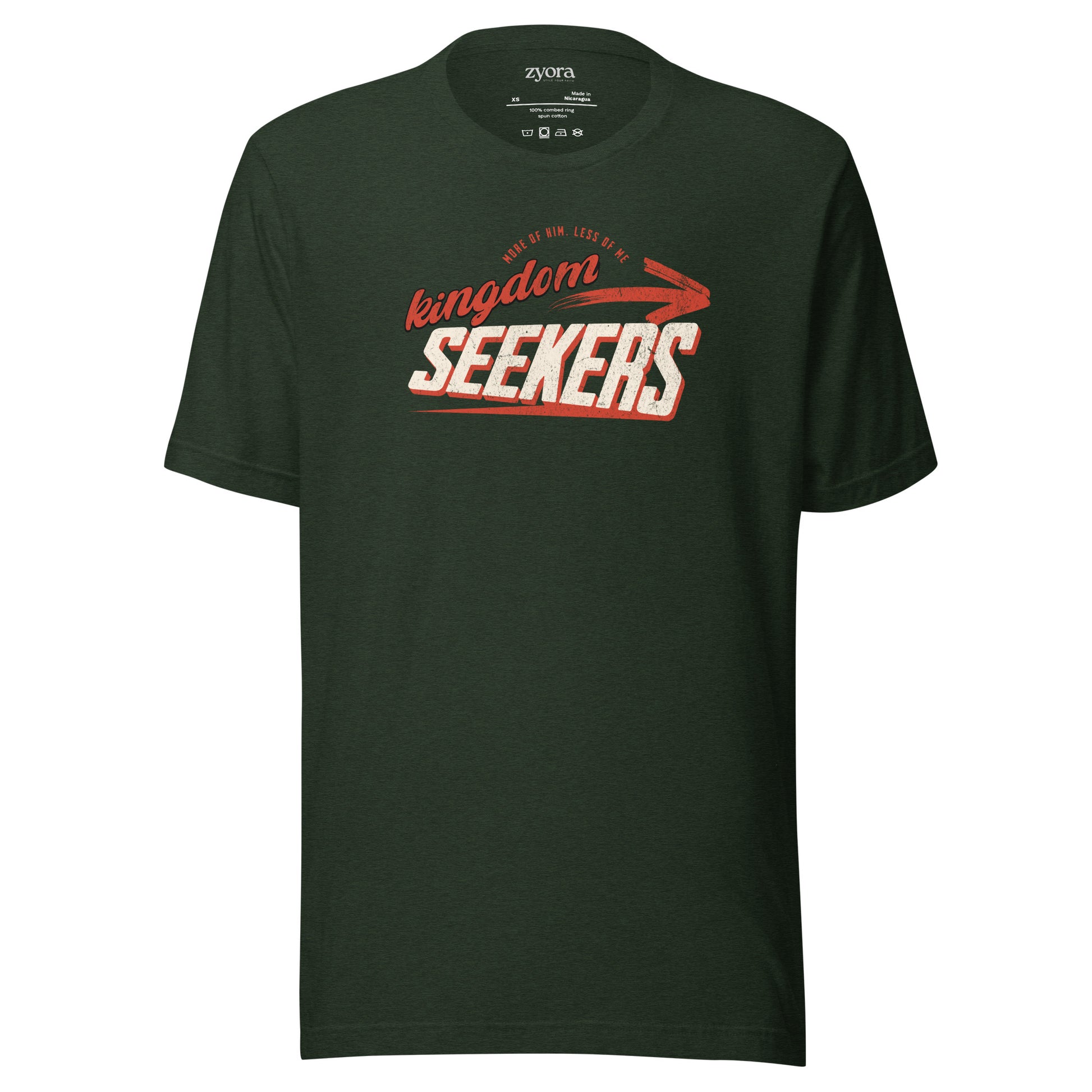 Kingdom Seekers Christian t-shirt with More of Him Less of Me text, inspired by Matthew 6:33 and John 3:30