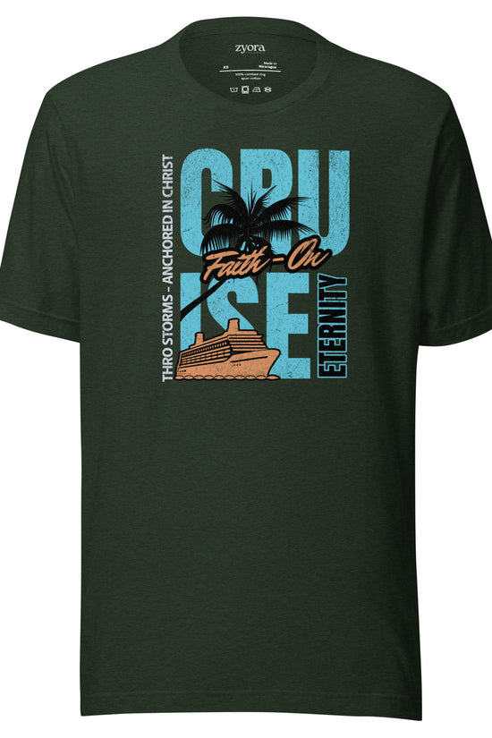“Premium Anchored in Christ Christian graphic tee in heather emerald– Cruise Through Storms Eternity Design – Zyora Apparel”