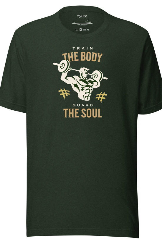 Unisex premium heather emerald Christian tee with “Train Your Body Guard Your Soul” design – faith-based fashion and gift by Zyora Apparel.