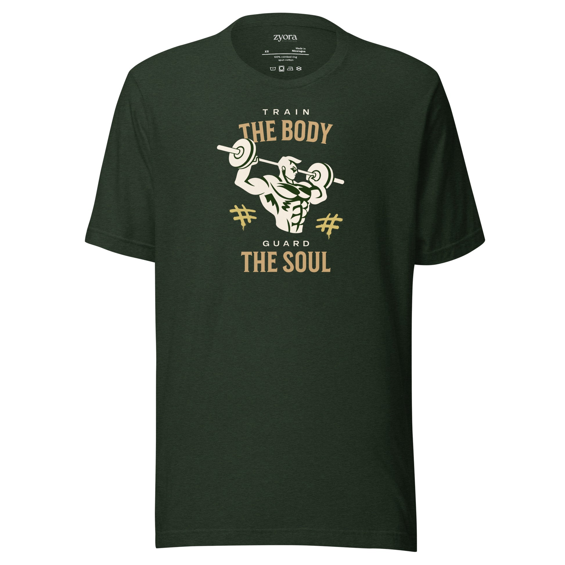Unisex premium heather emerald Christian tee with “Train Your Body Guard Your Soul” design – faith-based fashion and gift by Zyora Apparel.
