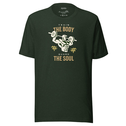 Unisex premium heather emerald Christian tee with “Train Your Body Guard Your Soul” design – faith-based fashion and gift by Zyora Apparel.
