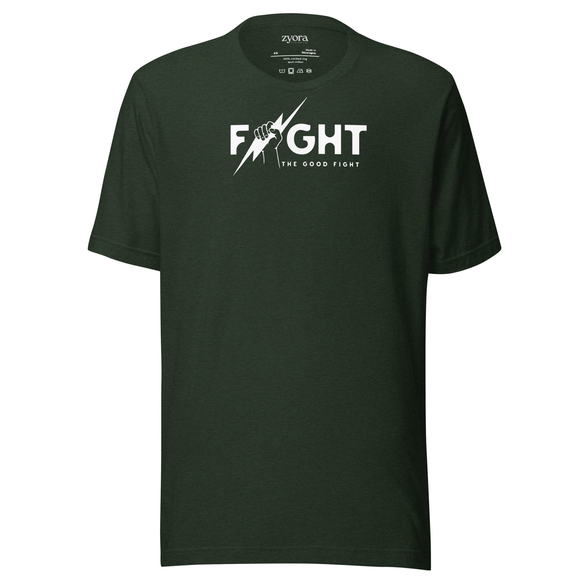 "Fight the Good Fight" Christian heather emerald graphic tee with 1 Timothy 6:12 scripture design. Faith-based apparel, bold Christian gift, unisex lifestyle shirt.