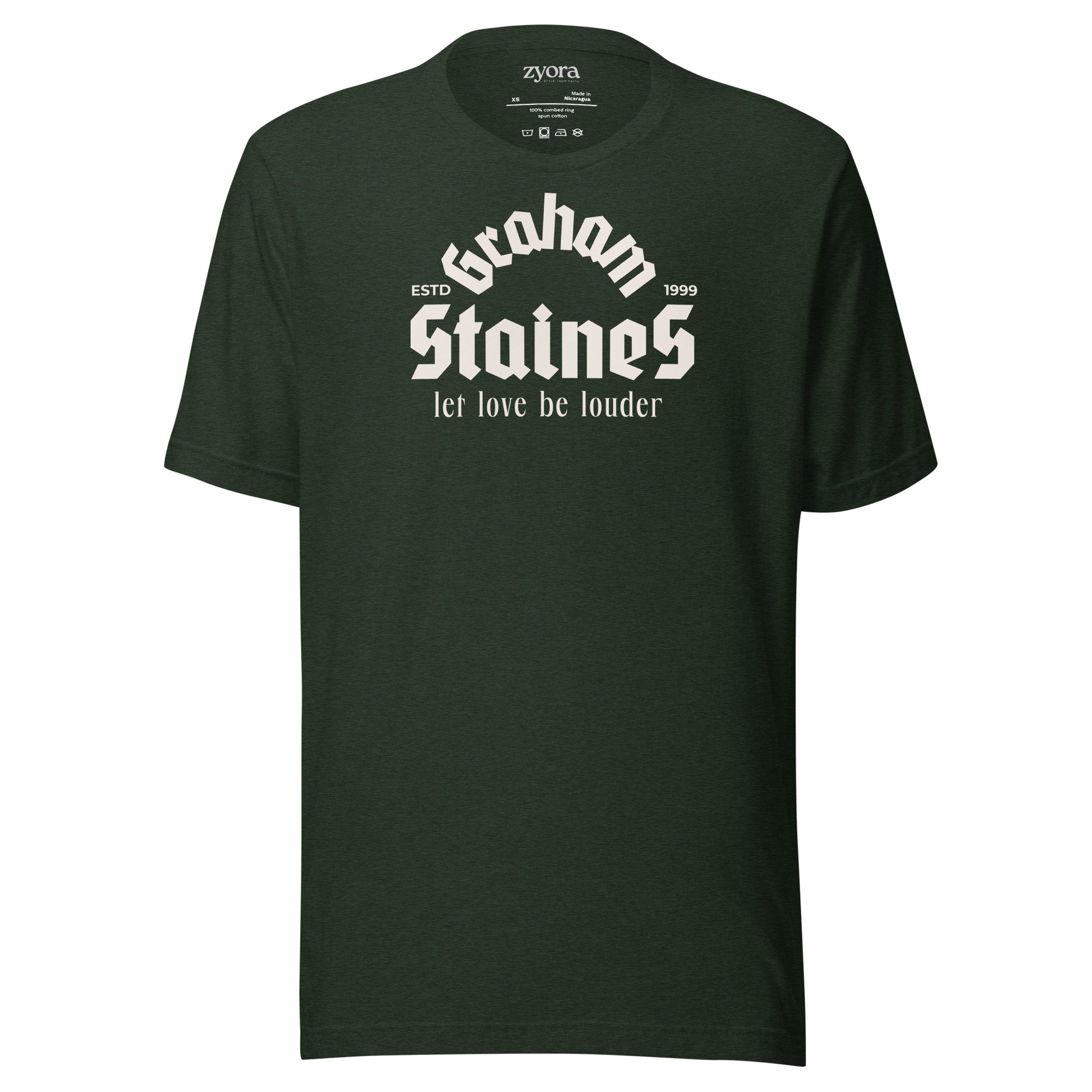 “Graham Staines – Let Love Be Louder” Christian Heather Emerald graphic tee, inspired by 1 Corinthians 13:13. Faith-based gift, scripture-inspired apparel for men and women.