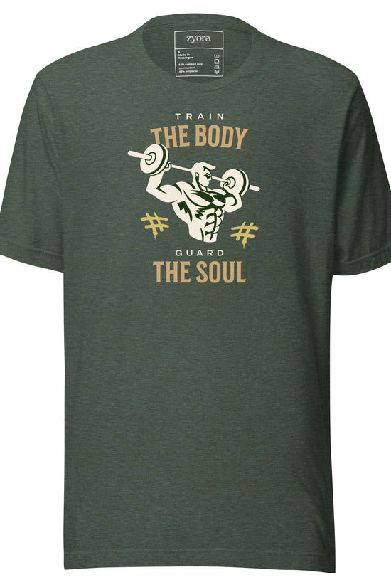 Unisex premium Heather Forest Christian tee with “Train Your Body Guard Your Soul” design – faith-based fashion and gift by Zyora Apparel.