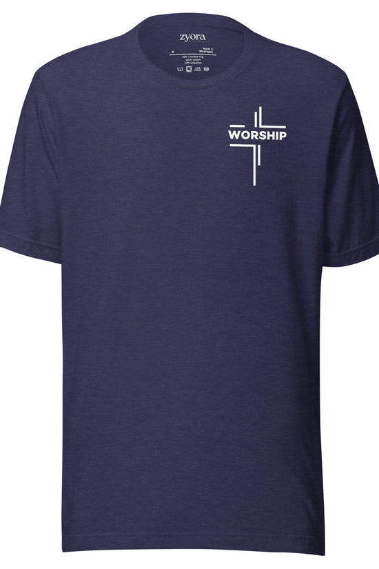 “Worship written vertically in cross form” Christian graphic tee with John 4:23‑24 scripture design. Faith‑based gift, unisex fit, inspirational Christian apparel by Zyora.