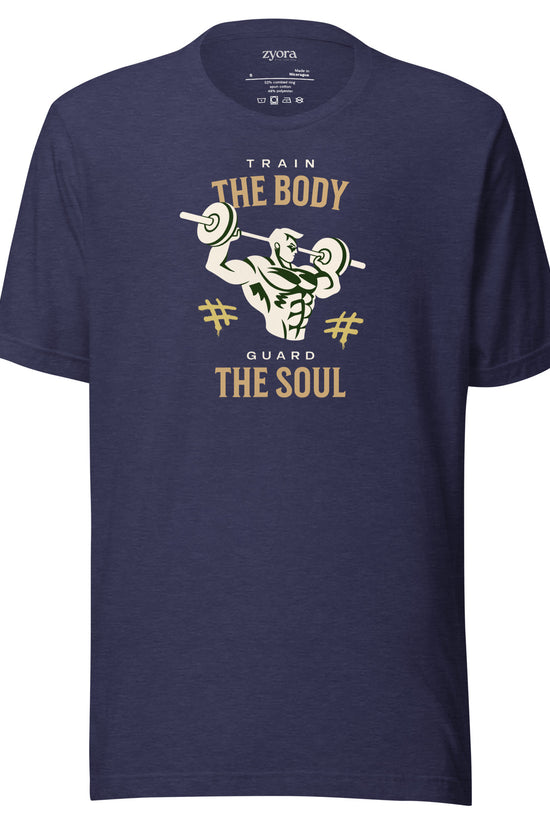 Unisex premium Heather Navy Christian tee with “Train Your Body Guard Your Soul” design – faith-based fashion and gift by Zyora Apparel.