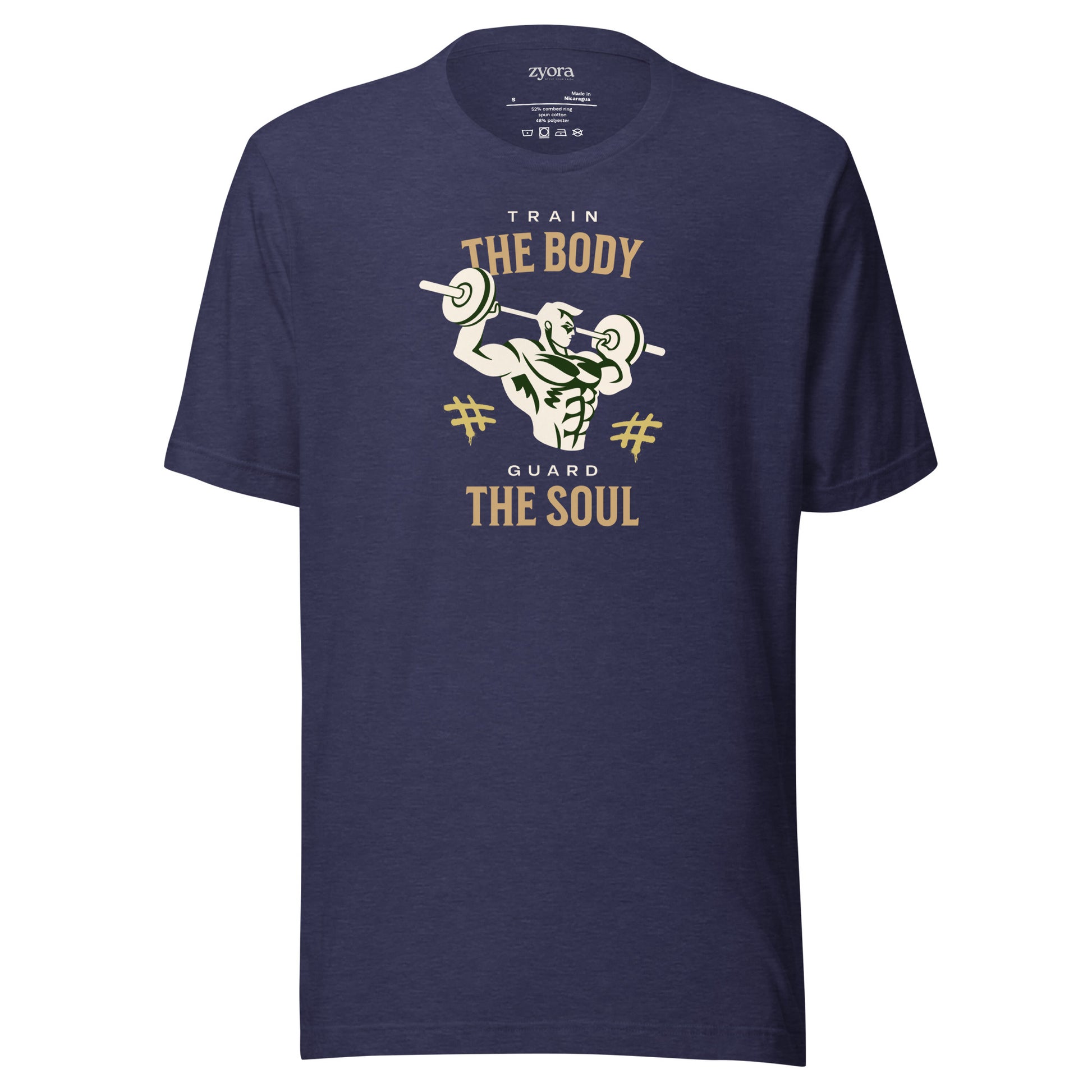 Unisex premium Heather Navy Christian tee with “Train Your Body Guard Your Soul” design – faith-based fashion and gift by Zyora Apparel.