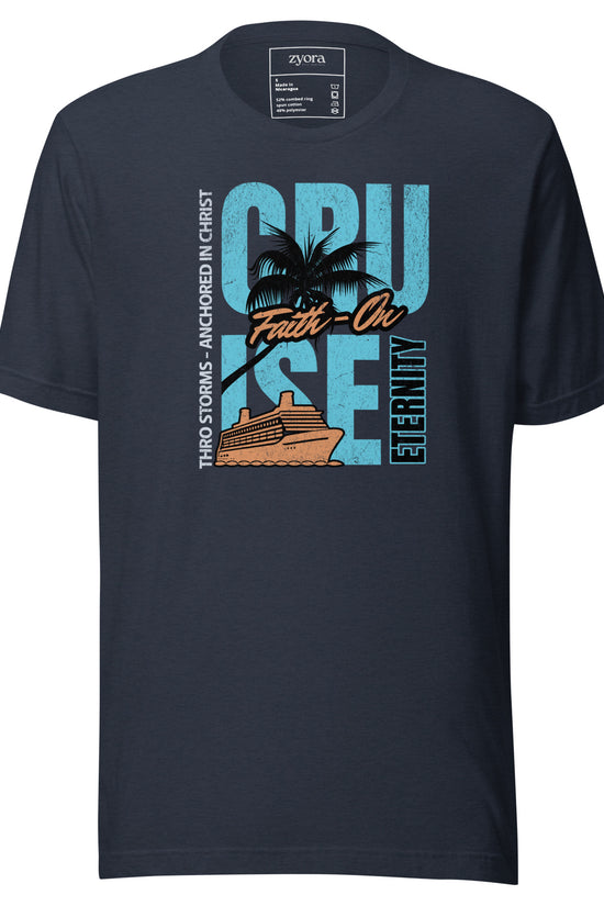 “Premium Anchored in Christ Christian graphic tee in heather-navy- – Cruise Through Storms Eternity Design – Zyora Apparel”