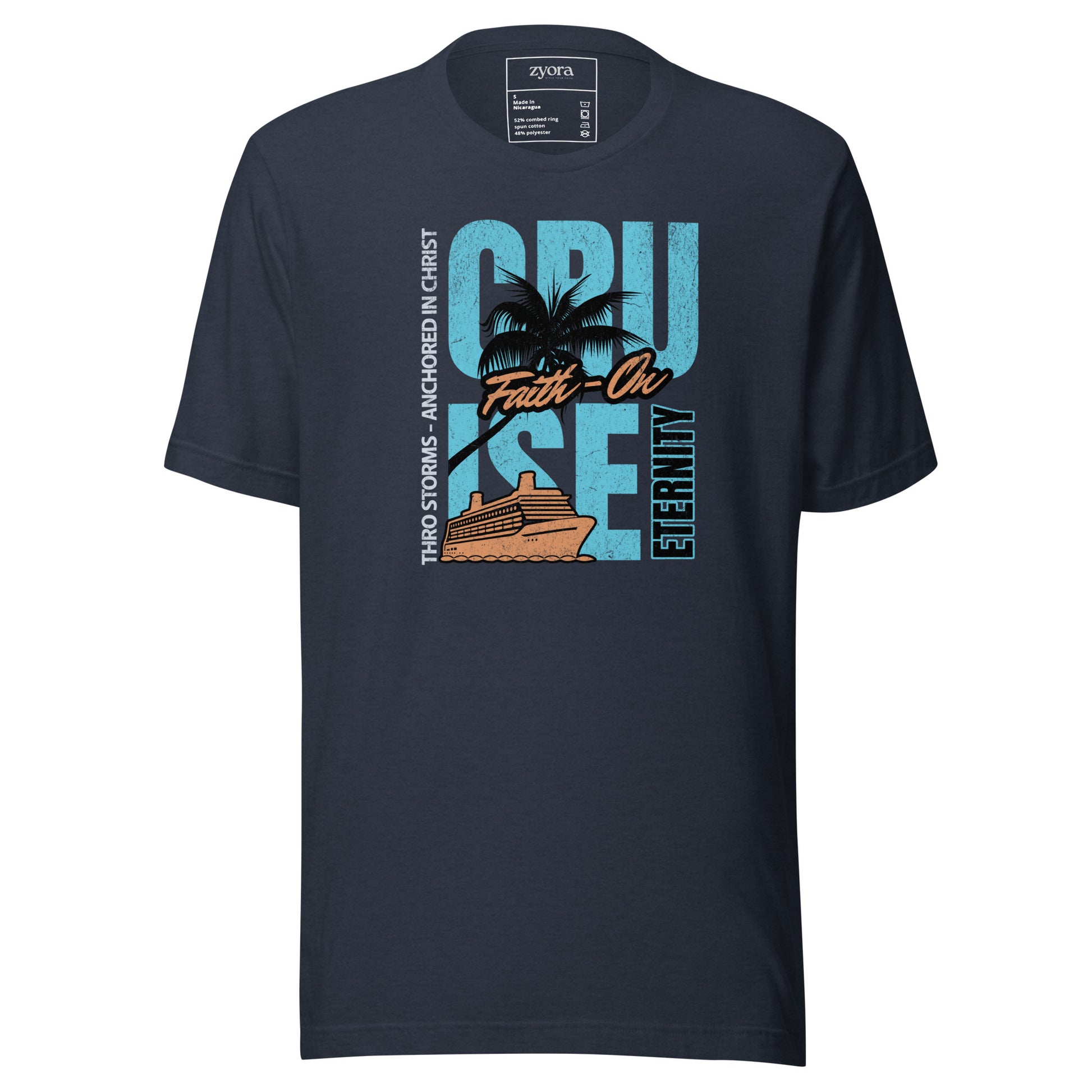 “Premium Anchored in Christ Christian graphic tee in heather-navy- – Cruise Through Storms Eternity Design – Zyora Apparel”