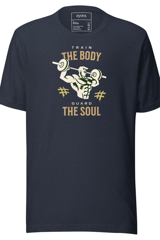 Unisex premium Heather NAvy Christian tee with “Train Your Body Guard Your Soul” design – faith-based fashion and gift by Zyora Apparel.