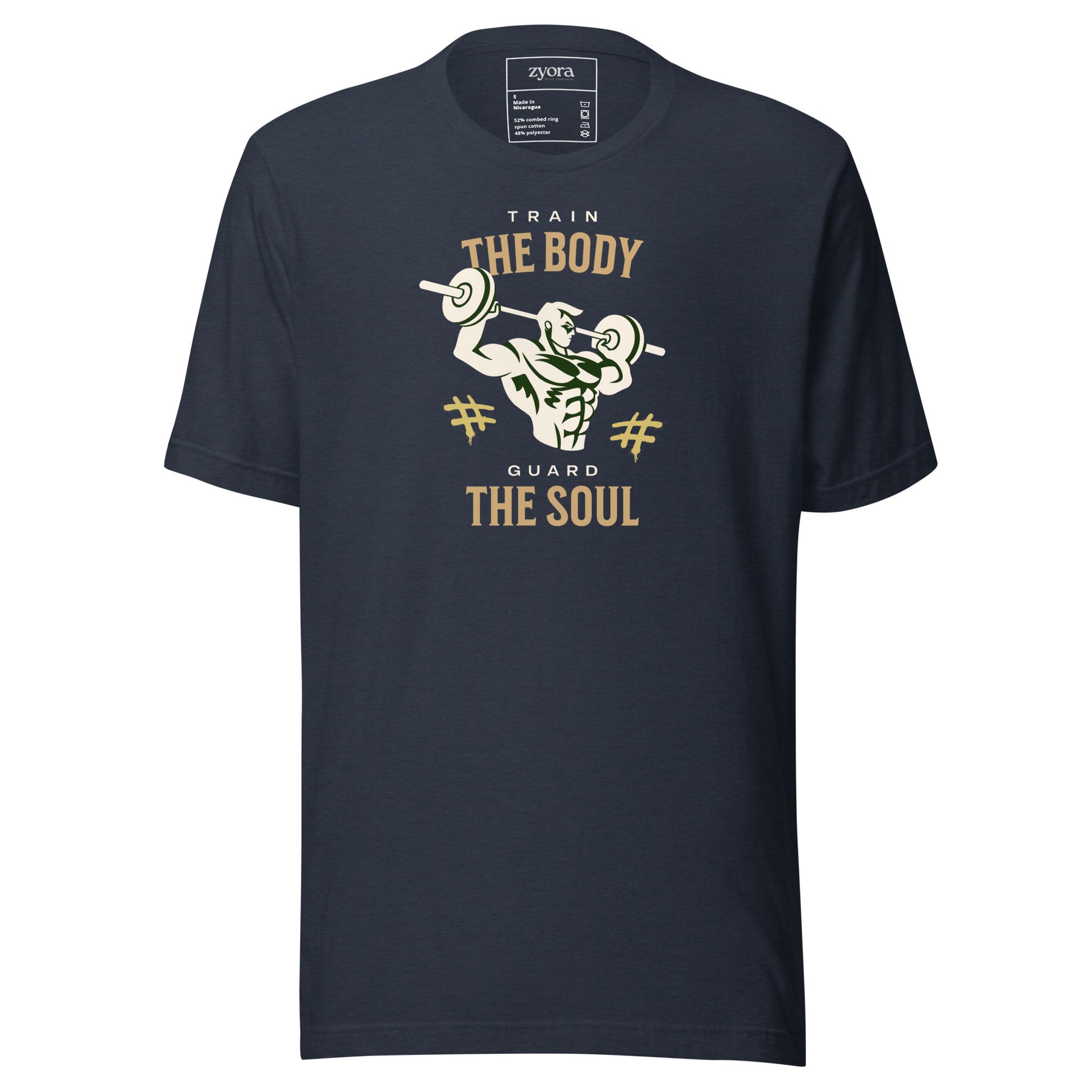Unisex premium Heather NAvy Christian tee with “Train Your Body Guard Your Soul” design – faith-based fashion and gift by Zyora Apparel.