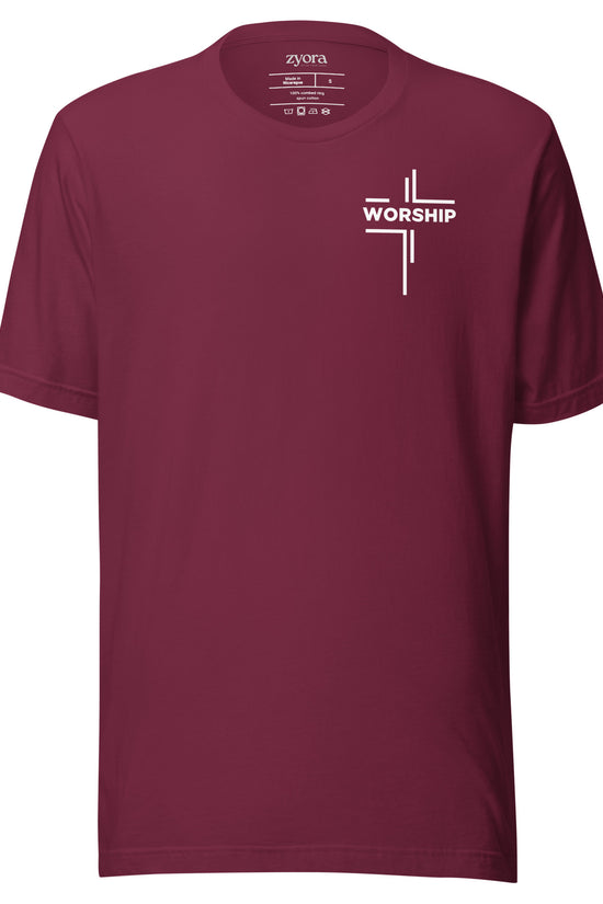“Worship written vertically in cross form” Christian graphic tee with John 4:23‑24 scripture design. Faith‑based gift, unisex fit, inspirational Christian apparel by Zyora.