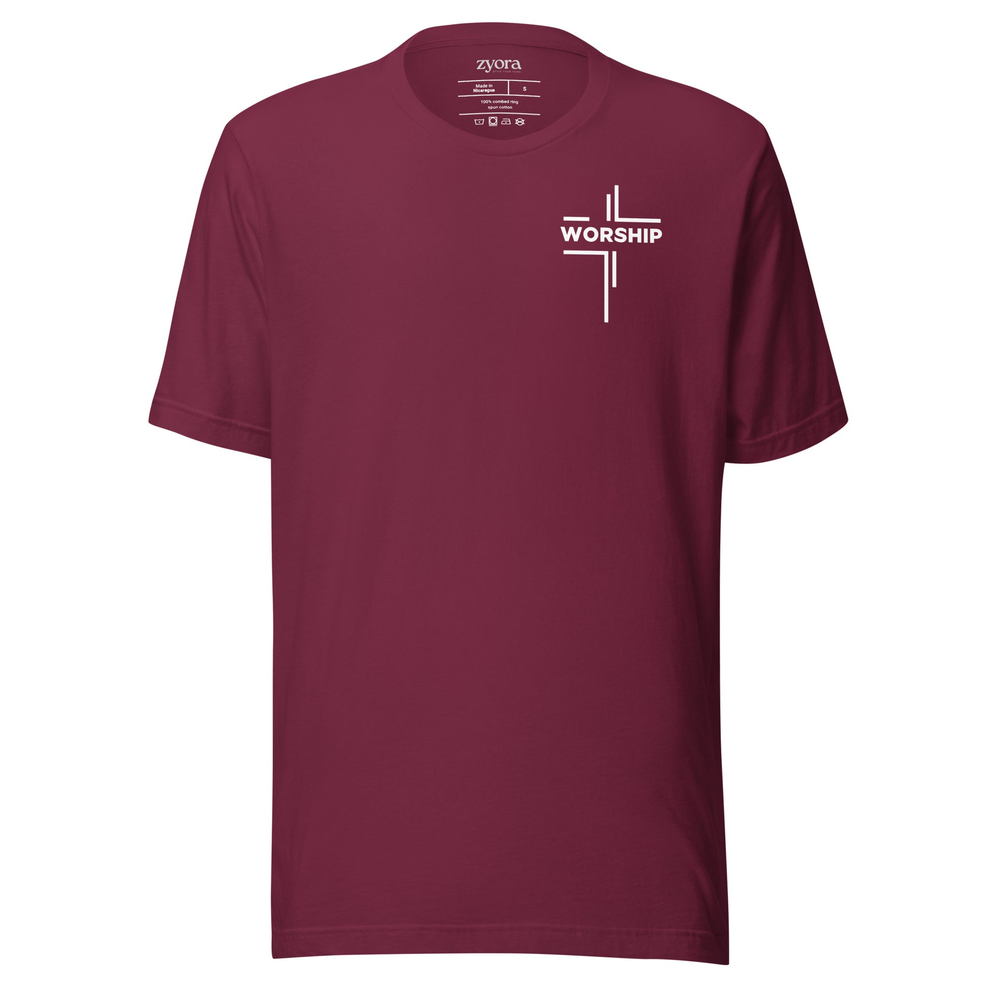“Worship written vertically in cross form” Christian graphic tee with John 4:23‑24 scripture design. Faith‑based gift, unisex fit, inspirational Christian apparel by Zyora.