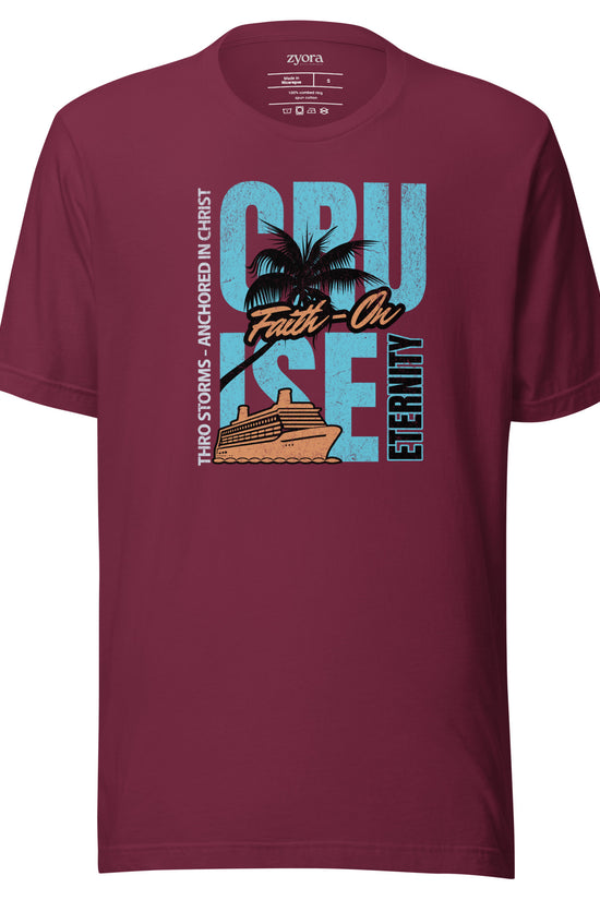 “Premium Anchored in Christ Christian graphic tee in maroon– Cruise Through Storms Eternity Design – Zyora Apparel”