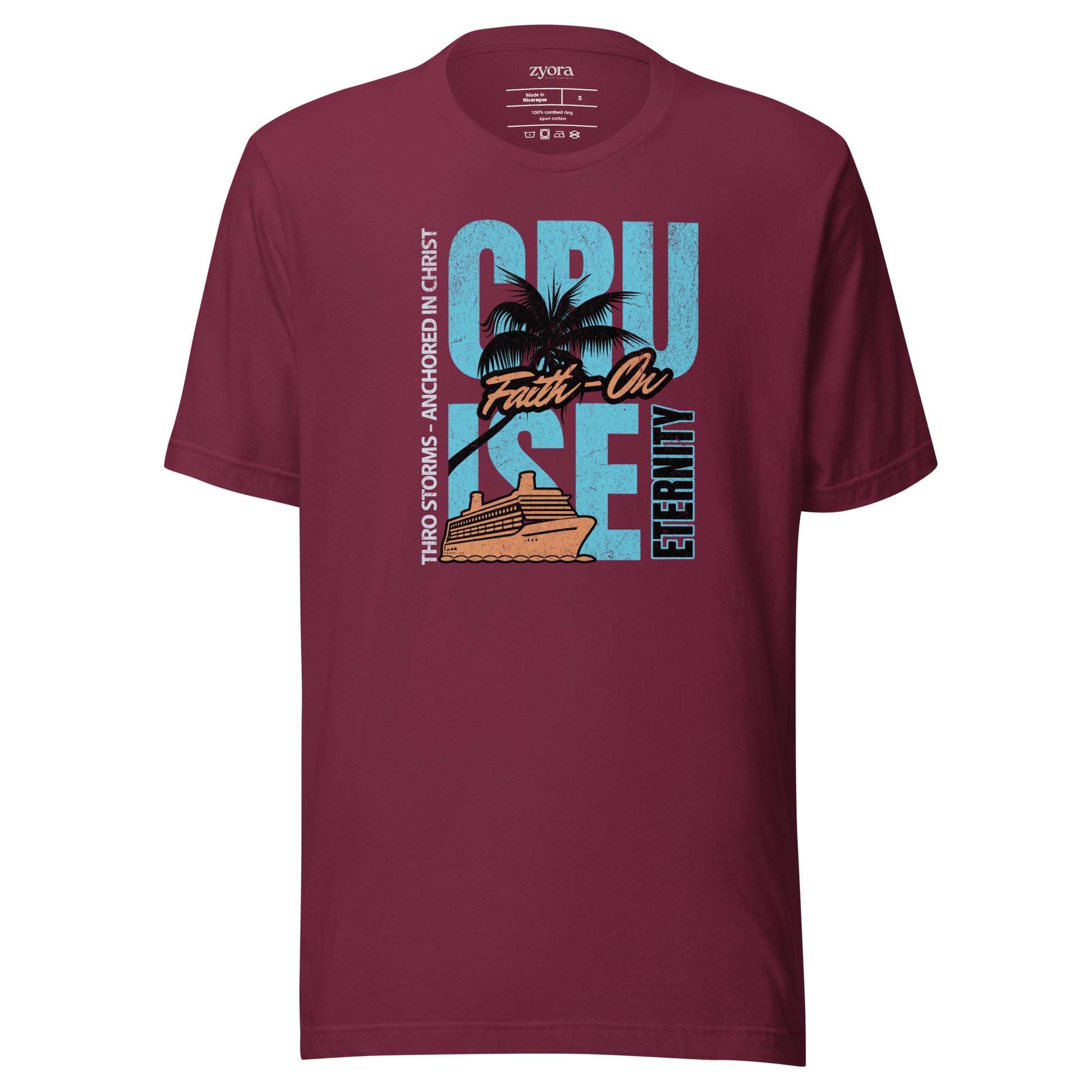 “Premium Anchored in Christ Christian graphic tee in maroon– Cruise Through Storms Eternity Design – Zyora Apparel”