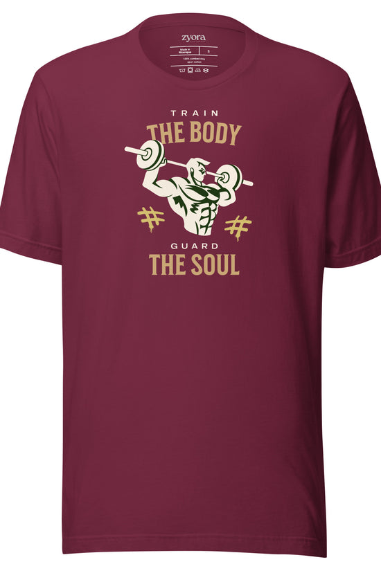 Unisex premium Maroon Christian tee with “Train Your Body Guard Your Soul” design – faith-based fashion and gift by Zyora Apparel.