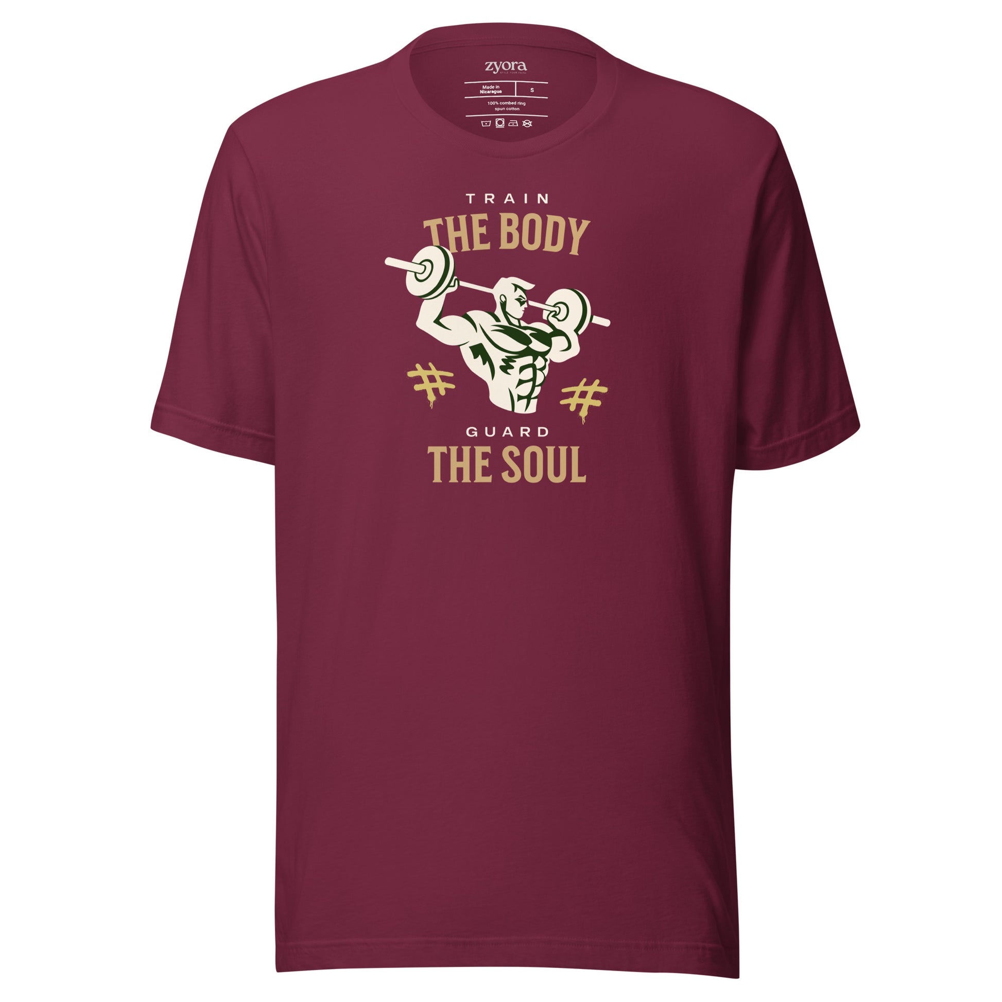 Unisex premium Maroon Christian tee with “Train Your Body Guard Your Soul” design – faith-based fashion and gift by Zyora Apparel.