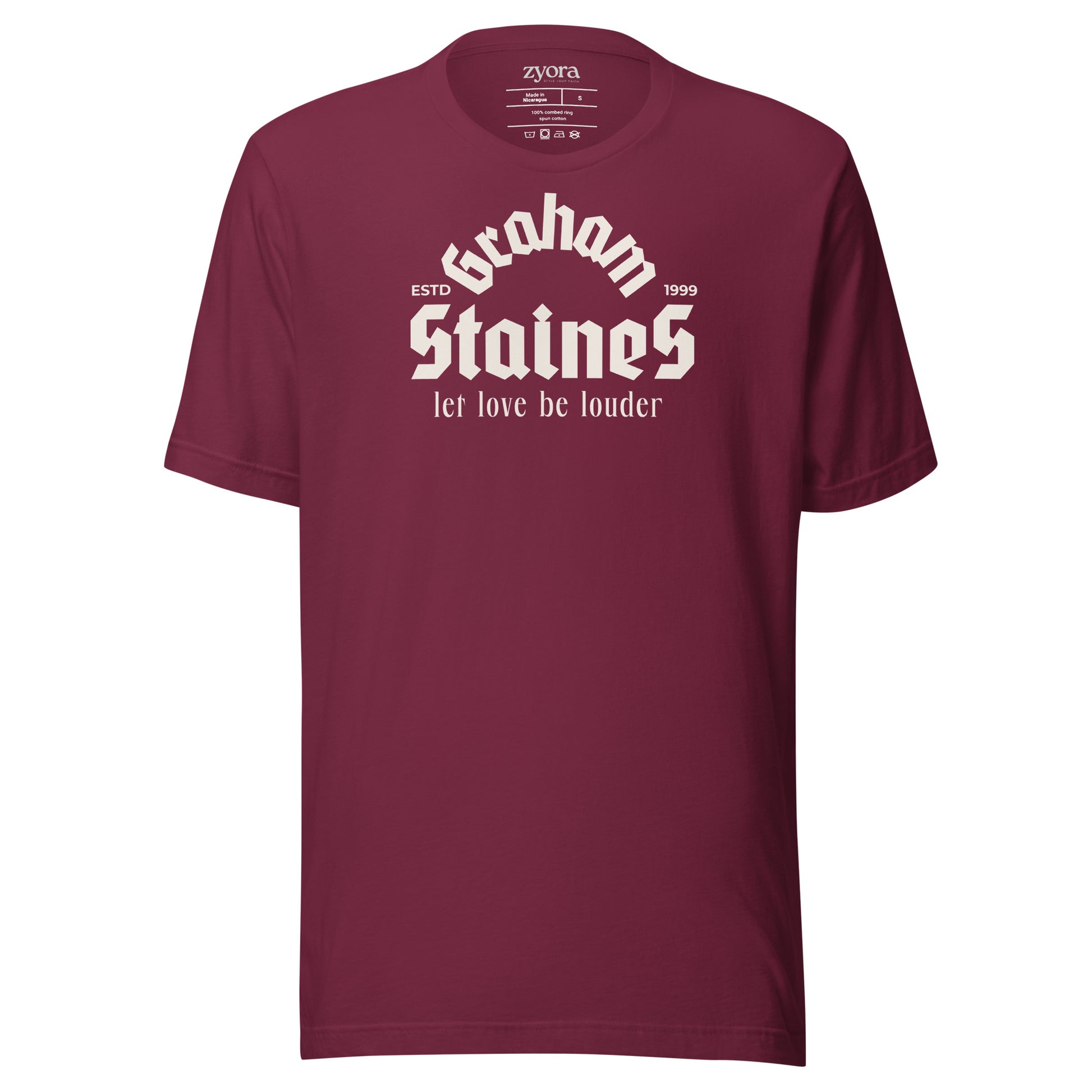 “Graham Staines – Let Love Be Louder” Christian Maroon graphic tee, inspired by 1 Corinthians 13:13. Faith-based gift, scripture-inspired apparel for men and women.