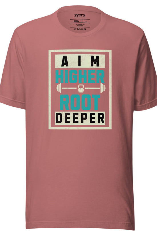Unisex premium Christian tee with “Aim Higher Root Deeper” design – faith-based fashion and gift by Zyora Apparel.