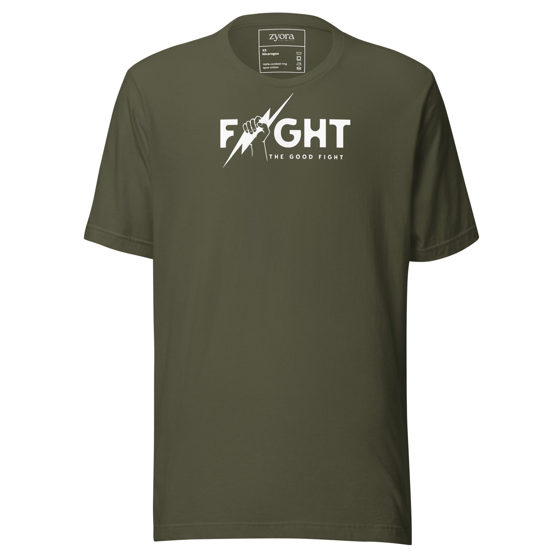 "Fight the Good Fight" Christian Military Green graphic tee with 1 Timothy 6:12 scripture design. Faith-based apparel, bold Christian gift, unisex lifestyle shirt.
