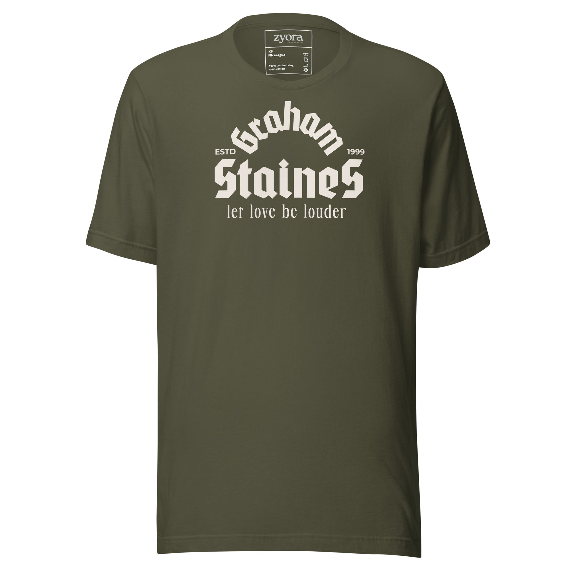 “Graham Staines – Let Love Be Louder” Christian Military Green graphic tee, inspired by 1 Corinthians 13:13. Faith-based gift, scripture-inspired apparel for men and women.