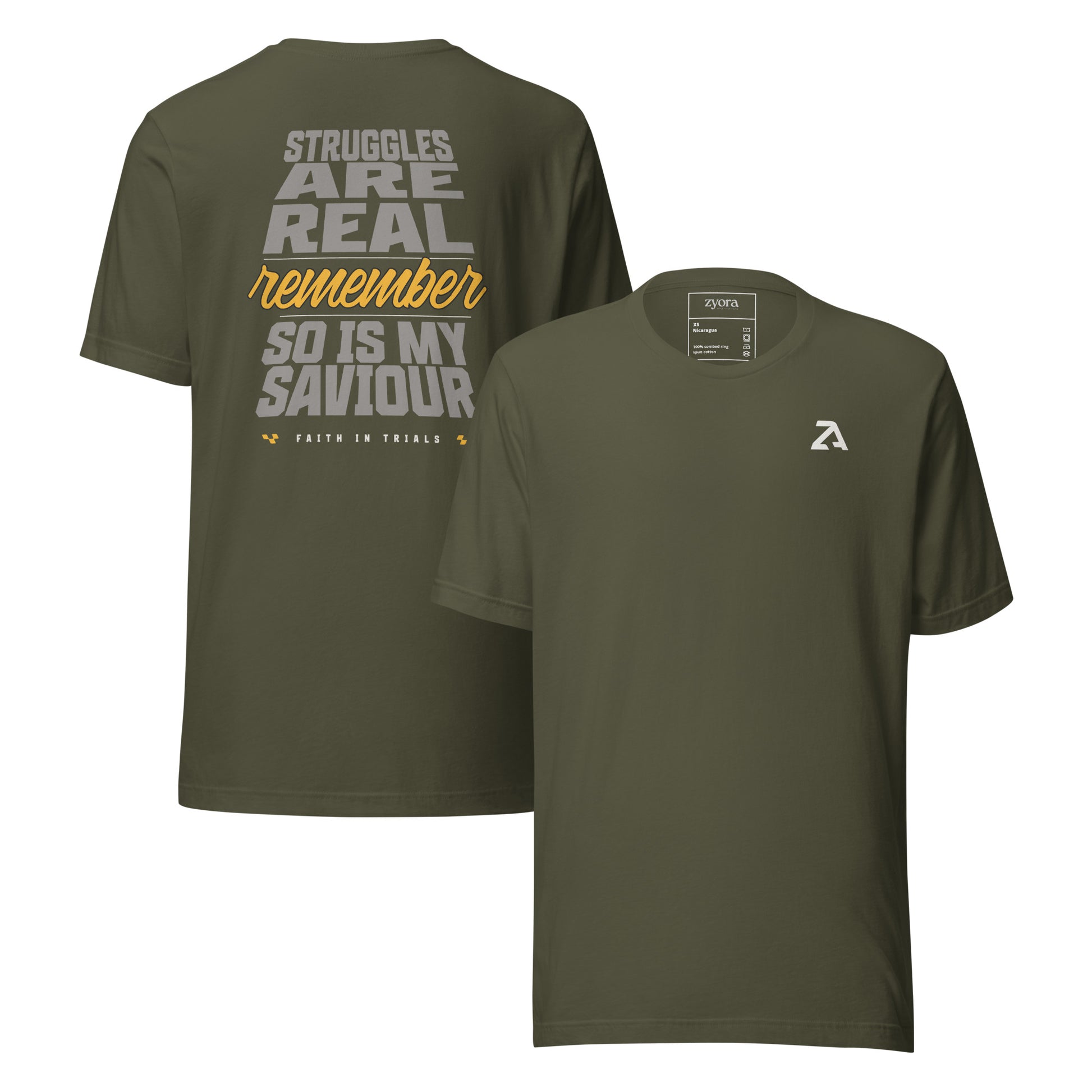 "Christian graphic tee with the phrase Struggles Are Real – Remember So Is My Saviour. Faith in trials shirt reminding believers to trust God in hardships. Inspirational Christian gift, scripture-inspired apparel, faith-based streetwear for men and women."