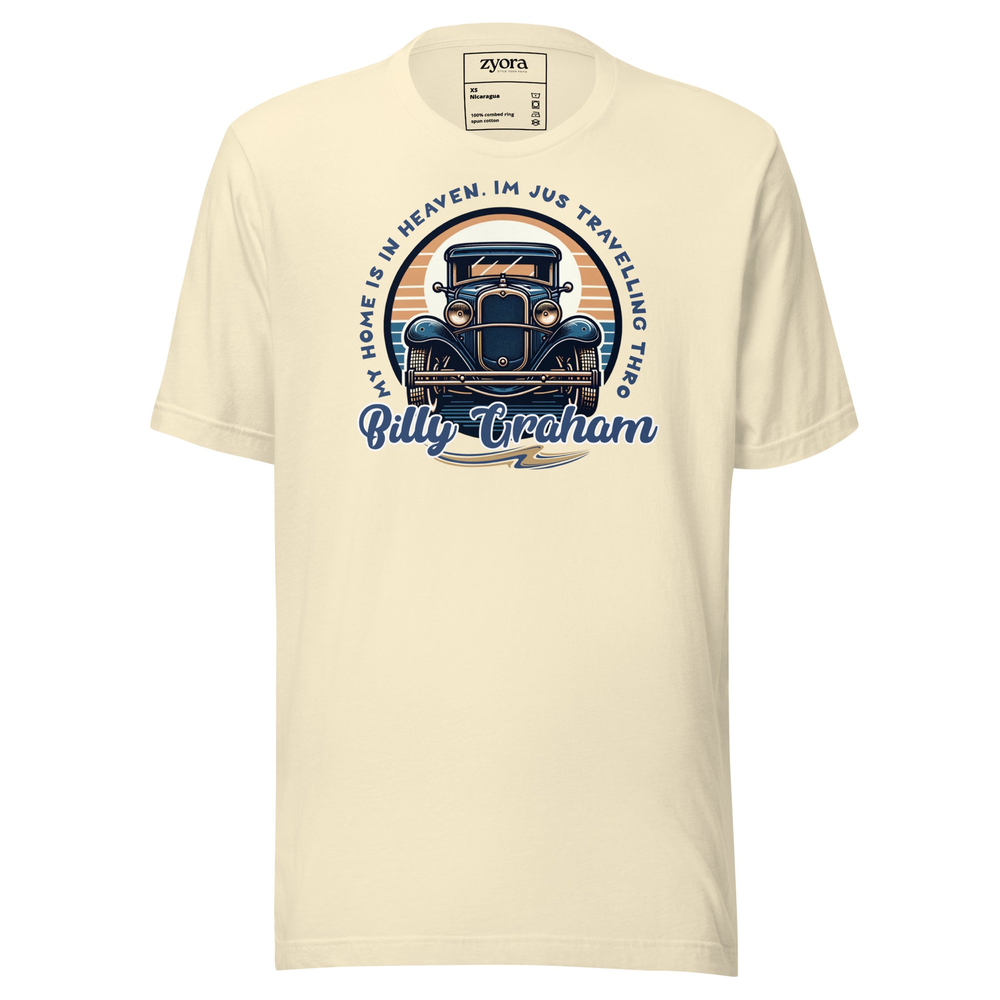 Regular missionary Natural 
Christian tee with Billy Graham quote “My Home is in Heaven, I’m Just Travelling Through” – Zyora Apparel.