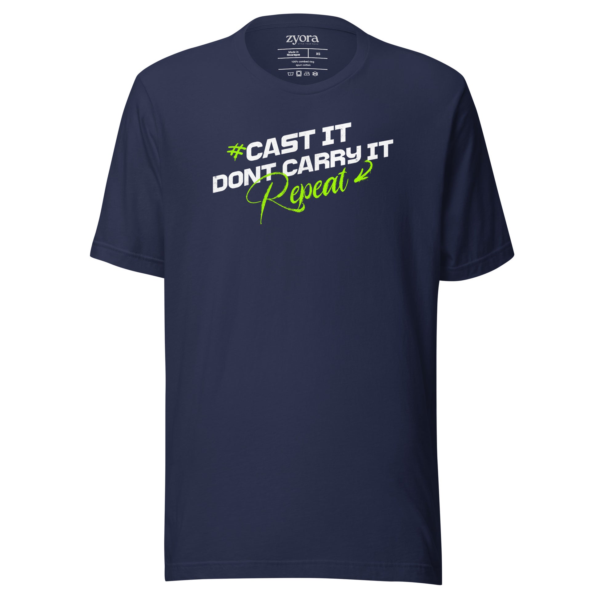 Cast It Don’t Carry It Christian t-shirt with 1 Peter 5:7 scripture design, unisex fit