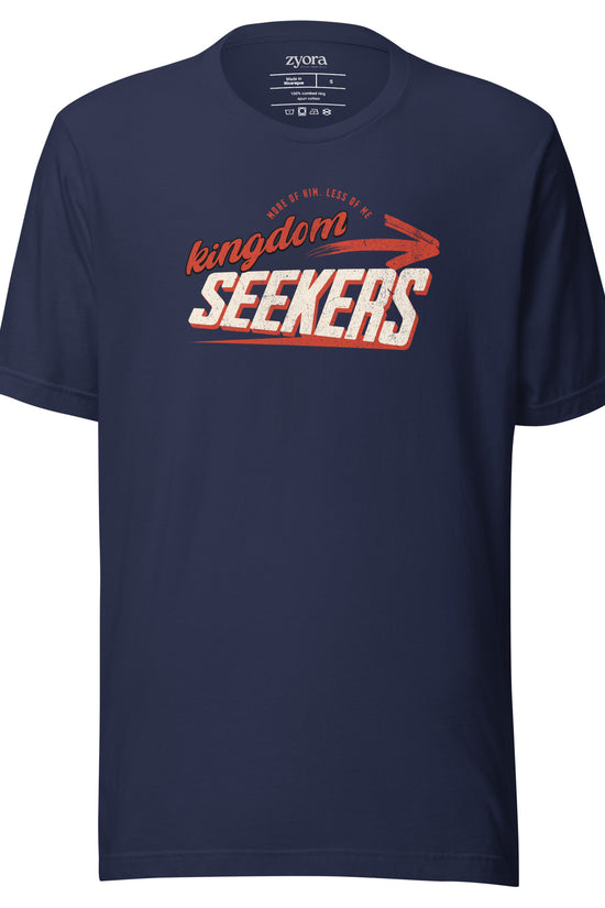 Kingdom Seekers Christian t-shirt with More of Him Less of Me text, inspired by Matthew 6:33 and John 3:30