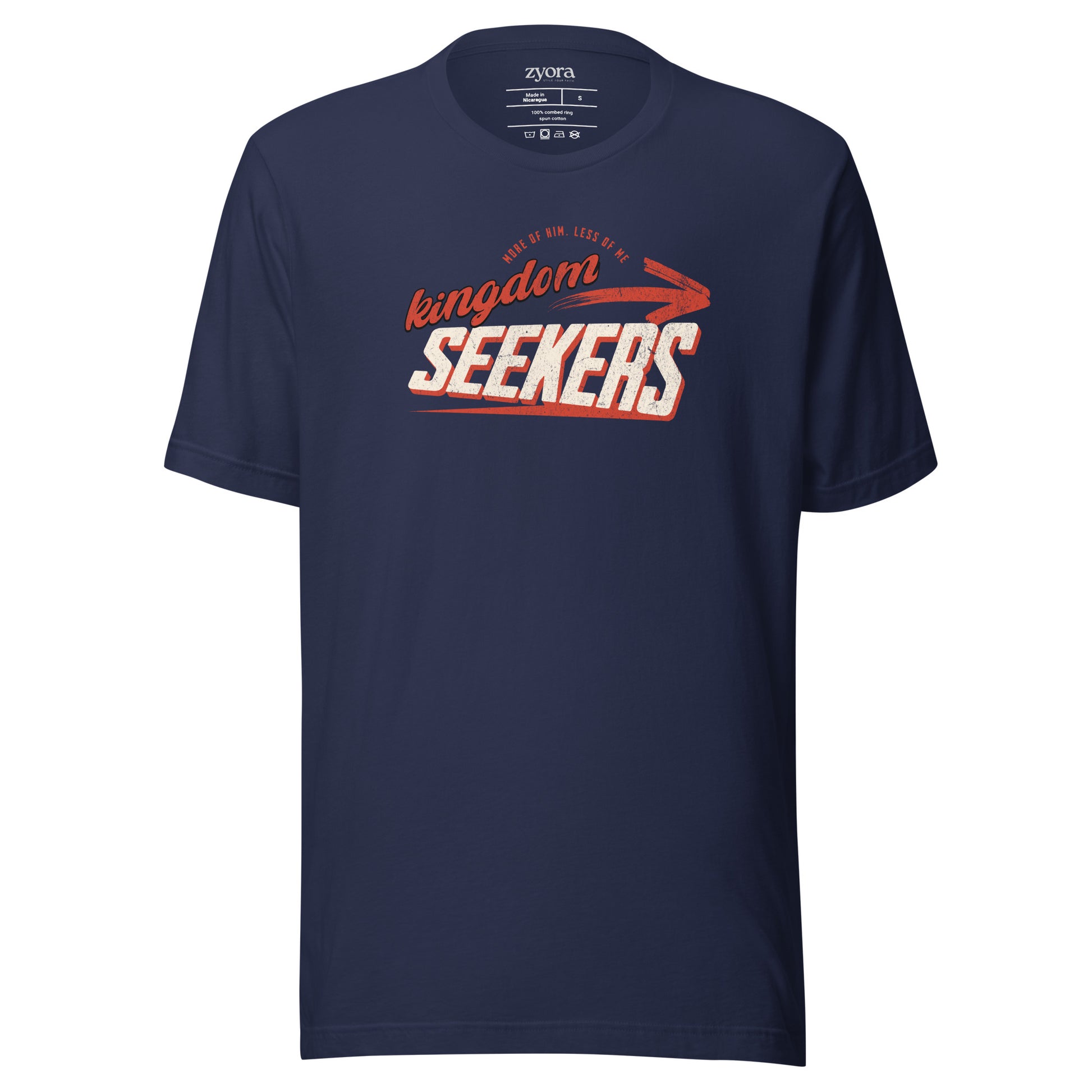 Kingdom Seekers Christian t-shirt with More of Him Less of Me text, inspired by Matthew 6:33 and John 3:30