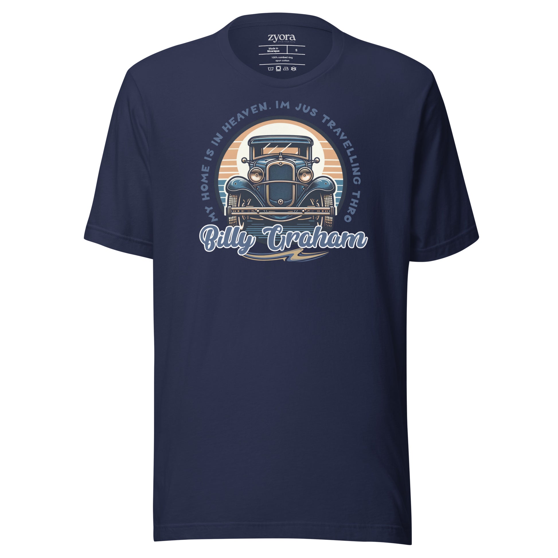 Regular missionary Navy Christian tee with Billy Graham quote “My Home is in Heaven, I’m Just Travelling Through” – Zyora Apparel.