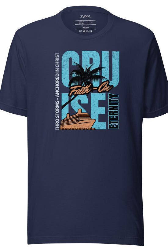 “Premium Anchored in Christ Christian graphic tee in navy blue – Cruise Through Storms Eternity Design – Zyora Apparel”