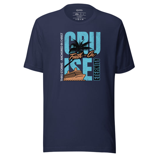 “Premium Anchored in Christ Christian graphic tee in navy blue – Cruise Through Storms Eternity Design – Zyora Apparel”