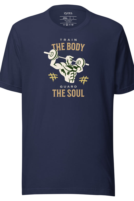 Unisex premium Navy Christian tee with “Train Your Body Guard Your Soul” design – faith-based fashion and gift by Zyora Apparel.