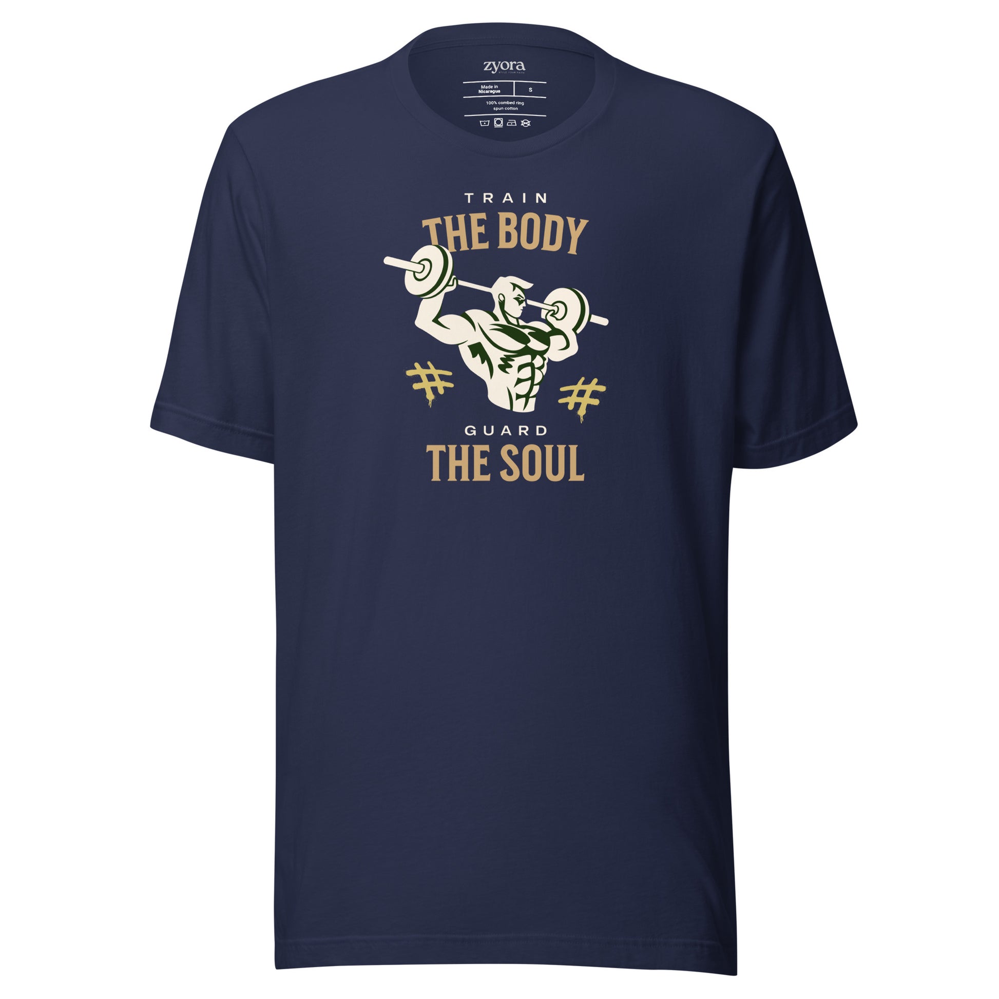 Unisex premium Navy Christian tee with “Train Your Body Guard Your Soul” design – faith-based fashion and gift by Zyora Apparel.