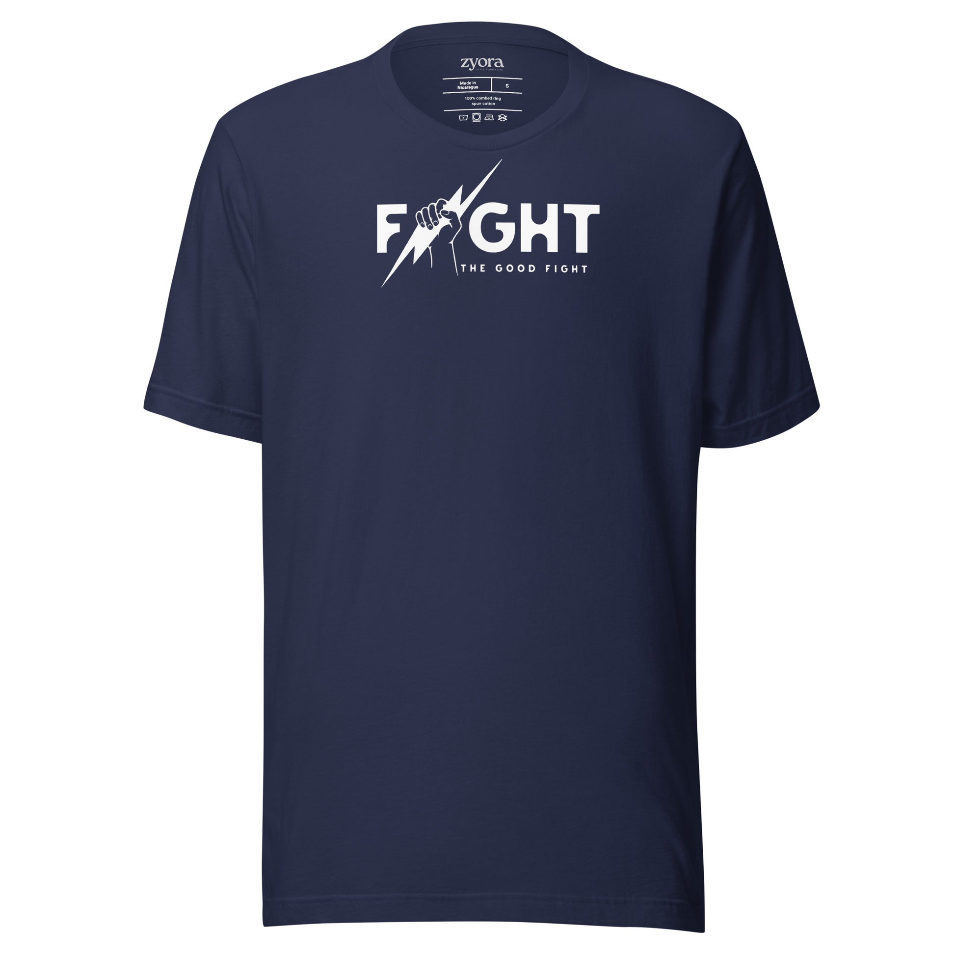 "Fight the Good Fight" Christian Navy graphic tee with 1 Timothy 6:12 scripture design. Faith-based apparel, bold Christian gift, unisex lifestyle shirt.